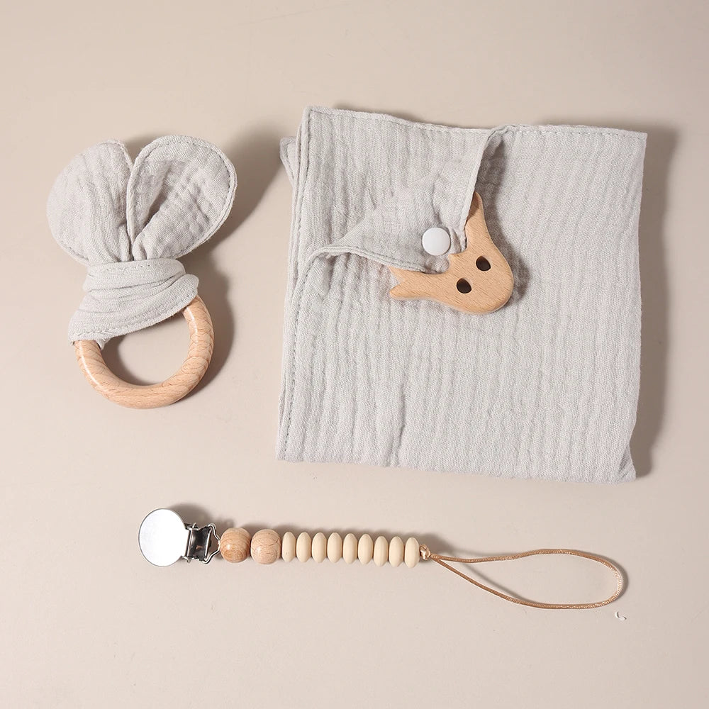 2025 organic cotton baby teething gift set comfortor dummy clip photography props newborn bunny ear - Thrive & Baby