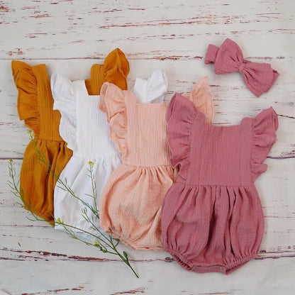 Organic Cotton Baby Girl Clothes Summer New Double Gauze Kids Ruffle Romper Jumpsuit Headband Dusty Pink Playsuit For Newborn 3M - Thrive & Baby