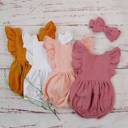 Organic Cotton Baby Girl Clothes Summer New Double Gauze Kids Ruffle Romper Jumpsuit Headband Dusty Pink Playsuit For Newborn 3M - Thrive & Baby