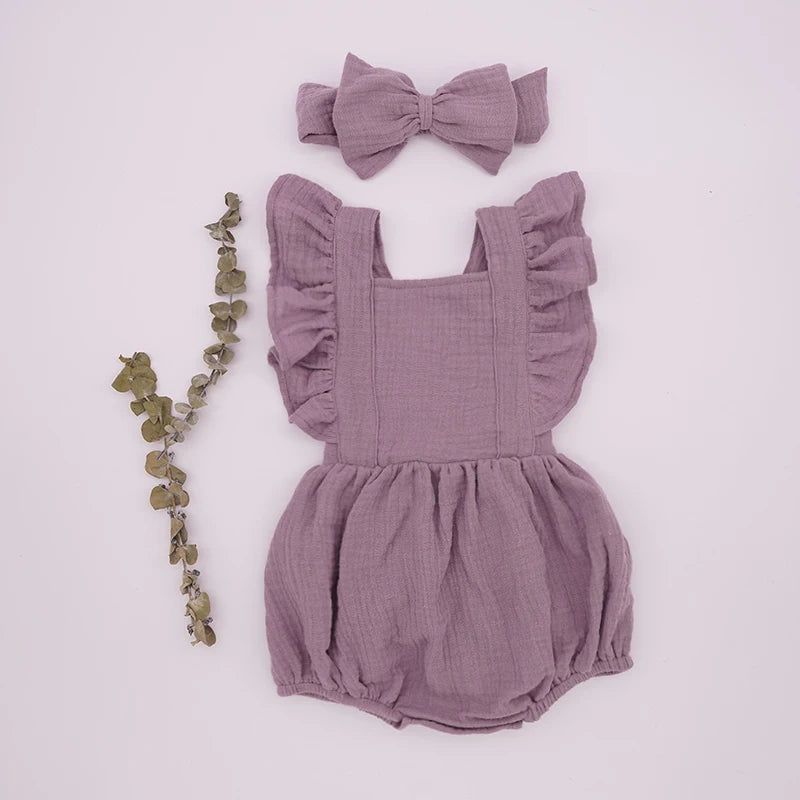 Organic Cotton Baby Girl Clothes Summer New Double Gauze Kids Ruffle Romper Jumpsuit Headband Dusty Pink Playsuit For Newborn 3M - Thrive & Baby