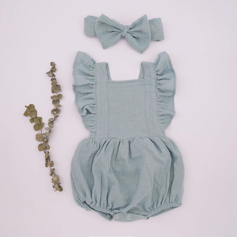 Organic Cotton Baby Girl Clothes Summer New Double Gauze Kids Ruffle Romper Jumpsuit Headband Dusty Pink Playsuit For Newborn 3M - Thrive & Baby