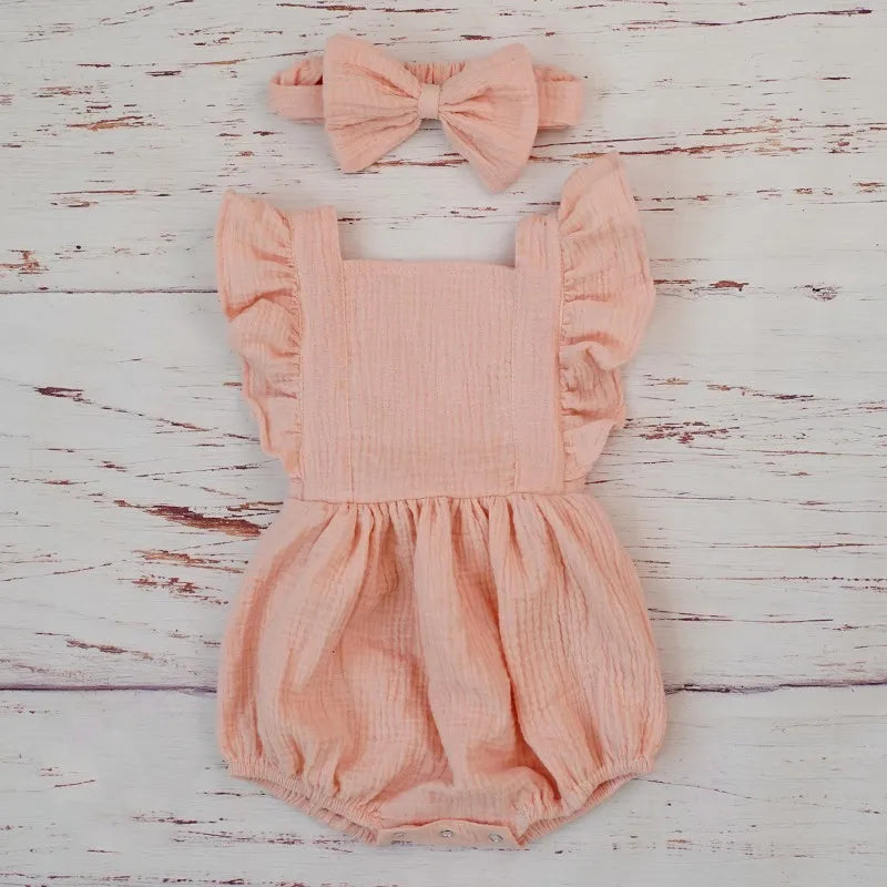 Organic Cotton Baby Girl Clothes Summer New Double Gauze Kids Ruffle Romper Jumpsuit Headband Dusty Pink Playsuit For Newborn 3M - Thrive & Baby