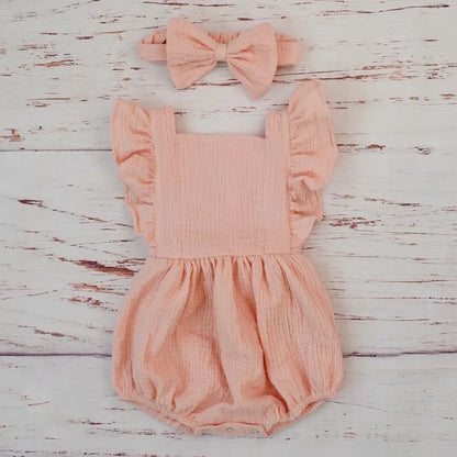 Organic Cotton Baby Girl Clothes Summer New Double Gauze Kids Ruffle Romper Jumpsuit Headband Dusty Pink Playsuit For Newborn 3M - Thrive & Baby