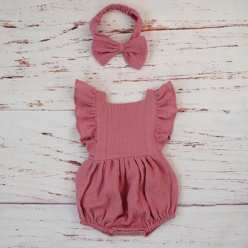 Organic Cotton Baby Girl Clothes Summer New Double Gauze Kids Ruffle Romper Jumpsuit Headband Dusty Pink Playsuit For Newborn 3M - Thrive & Baby