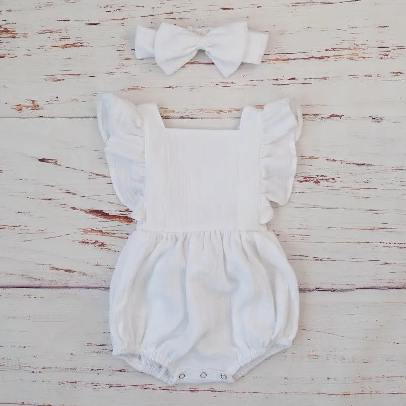 Organic Cotton Baby Girl Clothes Summer New Double Gauze Kids Ruffle Romper Jumpsuit Headband Dusty Pink Playsuit For Newborn 3M - Thrive & Baby