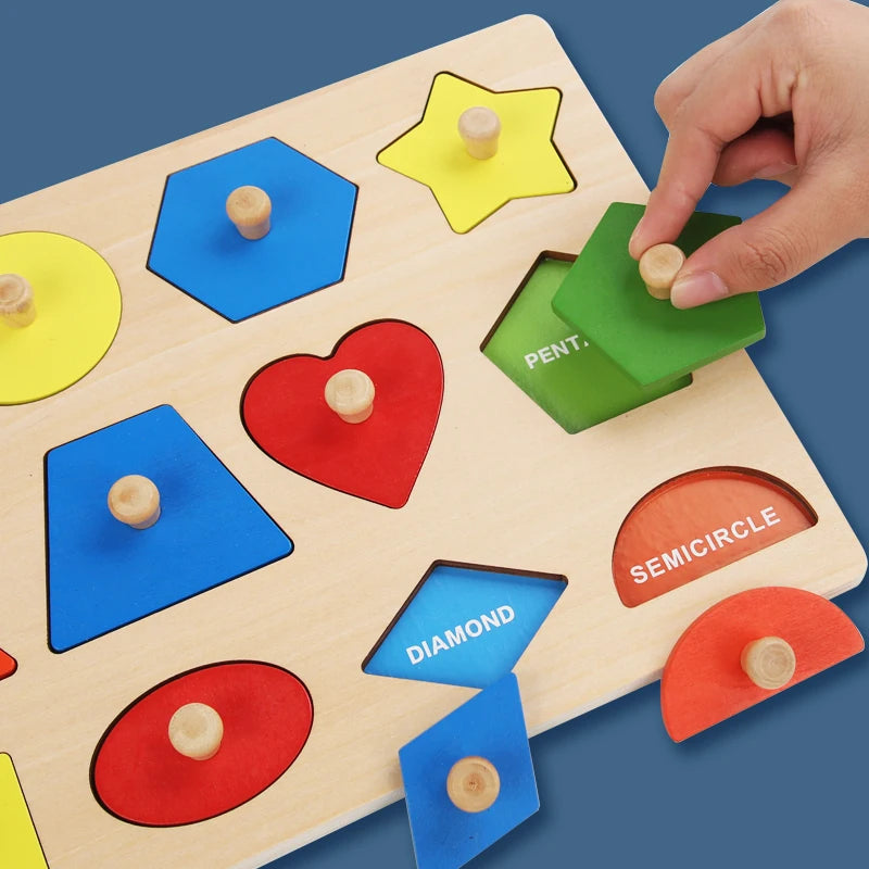 Montessori baby puzzle toys, wooden shape and color matching hand scratching board, geometric early education cognitive toys - Thrive & Baby
