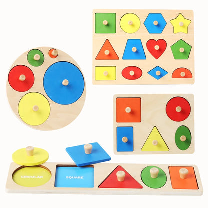 Montessori baby puzzle toys, wooden shape and color matching hand scratching board, geometric early education cognitive toys - Thrive & Baby