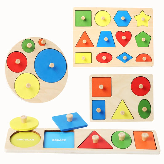 Montessori baby puzzle toys, wooden shape and color matching hand scratching board, geometric early education cognitive toys - Thrive & Baby