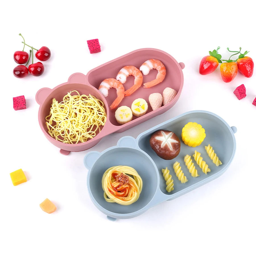 Baby Silicone Suction Cup Bowl Cute Bear Design Macaron Color 100% Food Grade Silicone BPA Free Double plate design for meals - Thrive & Baby