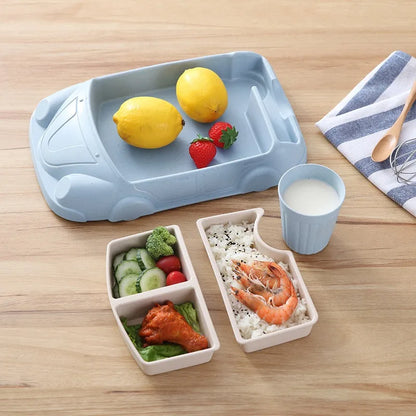 Food Grade Bamboo Fiber Baby Feeding Bowl Creative Car Shaped Cartoon Complementary Dish Divide Grids Bento Lunch Box Sets - Thrive & Baby
