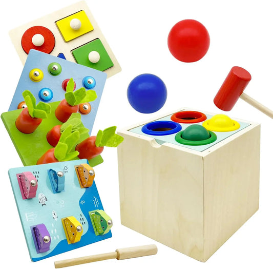Montessori  Wooden Toy Includes Color Sorting  ,Pulling Carrots, Fishing, Insect Catching Games, Fine Motor Skills Toy - Thrive & Baby
