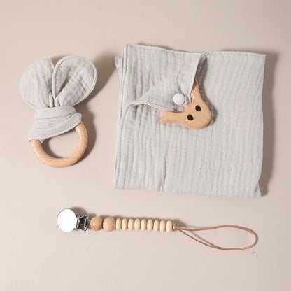 2025 organic cotton baby teething gift set comfortor dummy clip photography props newborn bunny ear - Thrive & Baby