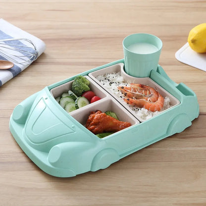 Food Grade Bamboo Fiber Baby Feeding Bowl Creative Car Shaped Cartoon Complementary Dish Divide Grids Bento Lunch Box Sets - Thrive & Baby