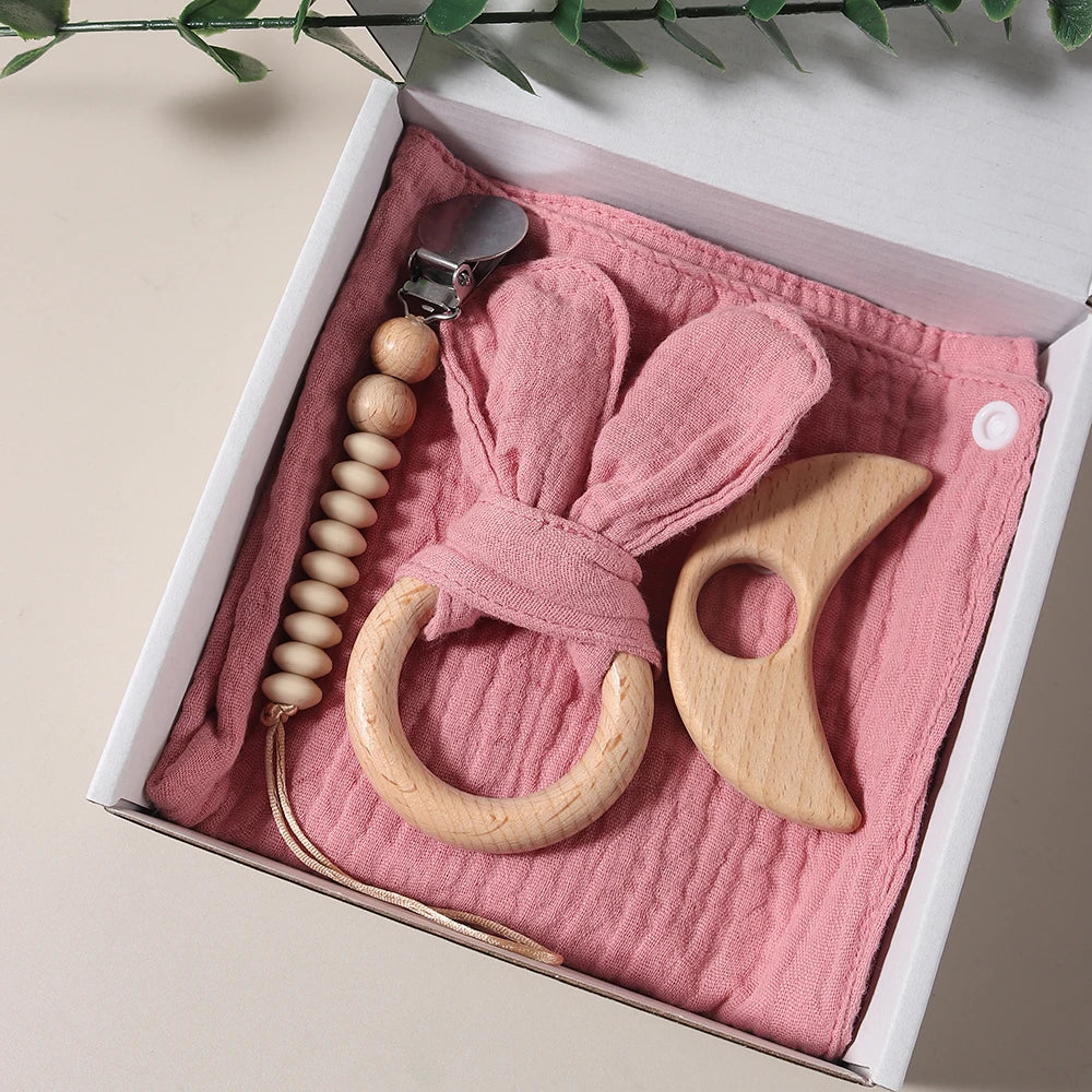 2025 organic cotton baby teething gift set comfortor dummy clip photography props newborn bunny ear - Thrive & Baby