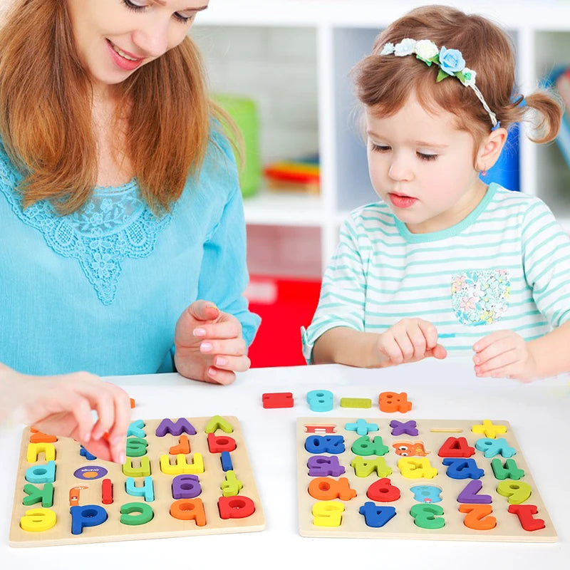 Montessori Wooden Puzzle for Children - Alphabetic Arithmetic Number Geometric Shapes Educational Game Toy for Preschool Learnin - Thrive & Baby