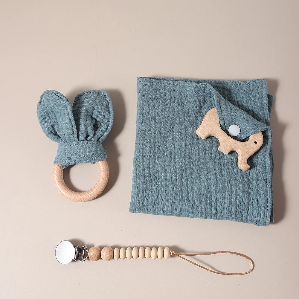 2025 organic cotton baby teething gift set comfortor dummy clip photography props newborn bunny ear - Thrive & Baby