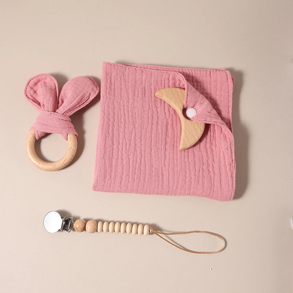 2025 organic cotton baby teething gift set comfortor dummy clip photography props newborn bunny ear - Thrive & Baby