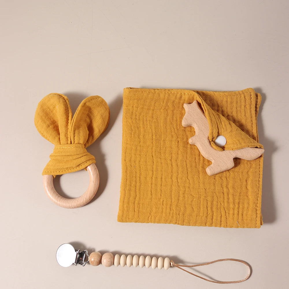 2025 organic cotton baby teething gift set comfortor dummy clip photography props newborn bunny ear - Thrive & Baby