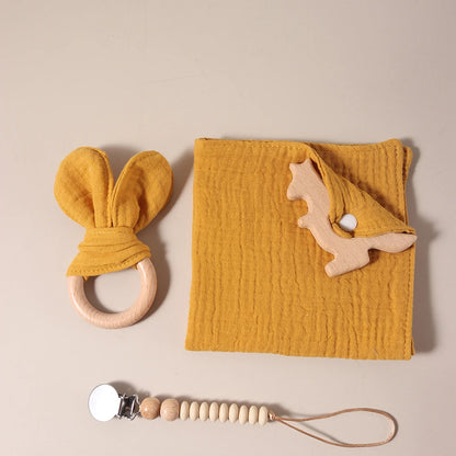 2025 organic cotton baby teething gift set comfortor dummy clip photography props newborn bunny ear - Thrive & Baby