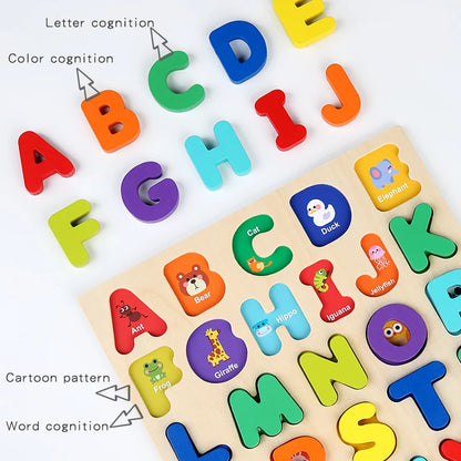 Montessori Wooden Puzzle for Children - Alphabetic Arithmetic Number Geometric Shapes Educational Game Toy for Preschool Learnin - Thrive & Baby