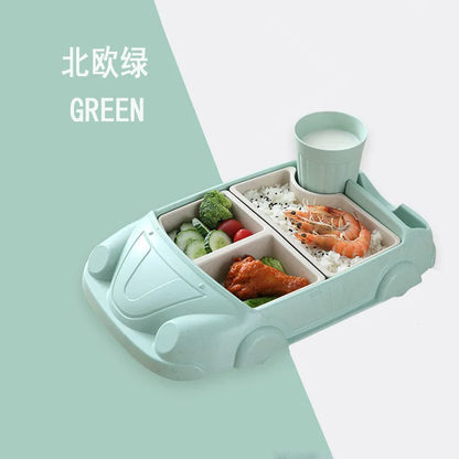 Food Grade Bamboo Fiber Baby Feeding Bowl Creative Car Shaped Cartoon Complementary Dish Divide Grids Bento Lunch Box Sets - Thrive & Baby