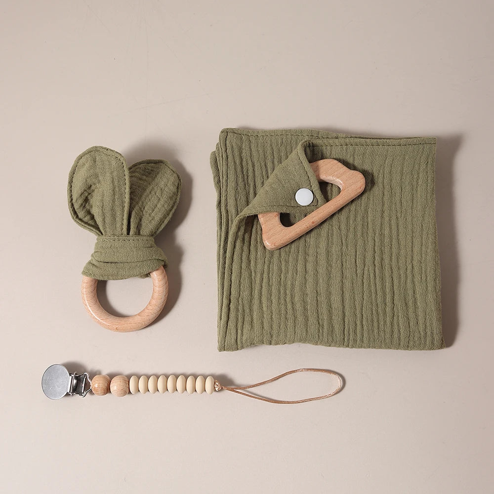 2025 organic cotton baby teething gift set comfortor dummy clip photography props newborn bunny ear - Thrive & Baby