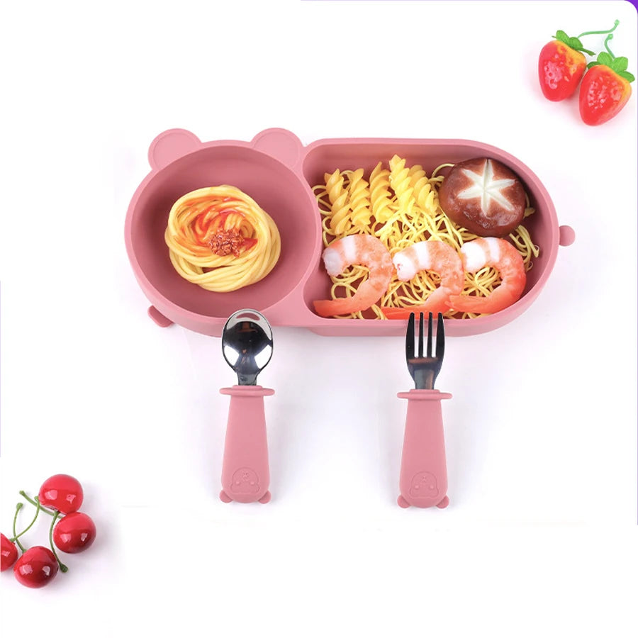 Baby Silicone Suction Cup Bowl Cute Bear Design Macaron Color 100% Food Grade Silicone BPA Free Double plate design for meals - Thrive & Baby