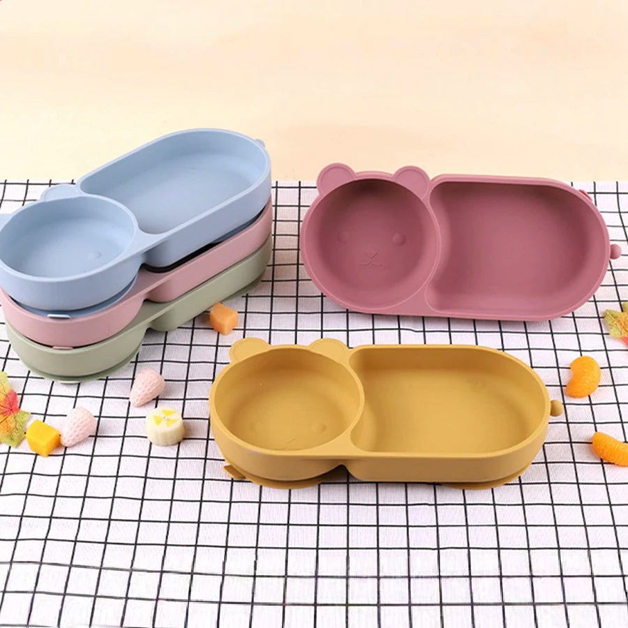 Baby Silicone Suction Cup Bowl Cute Bear Design Macaron Color 100% Food Grade Silicone BPA Free Double plate design for meals - Thrive & Baby