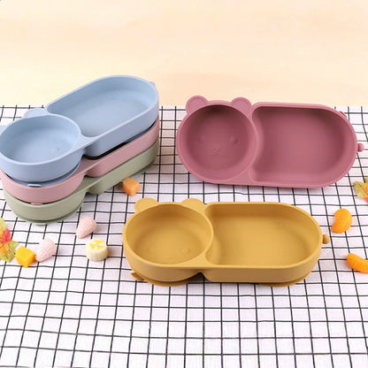 Baby Silicone Suction Cup Bowl Cute Bear Design Macaron Color 100% Food Grade Silicone BPA Free Double plate design for meals - Thrive & Baby