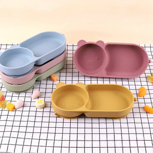 Baby Silicone Suction Cup Bowl Cute Bear Design Macaron Color 100% Food Grade Silicone BPA Free Double plate design for meals - Thrive & Baby