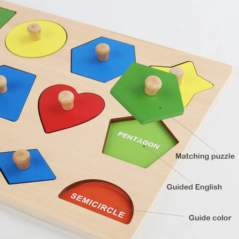 Montessori baby puzzle toys, wooden shape and color matching hand scratching board, geometric early education cognitive toys - Thrive & Baby
