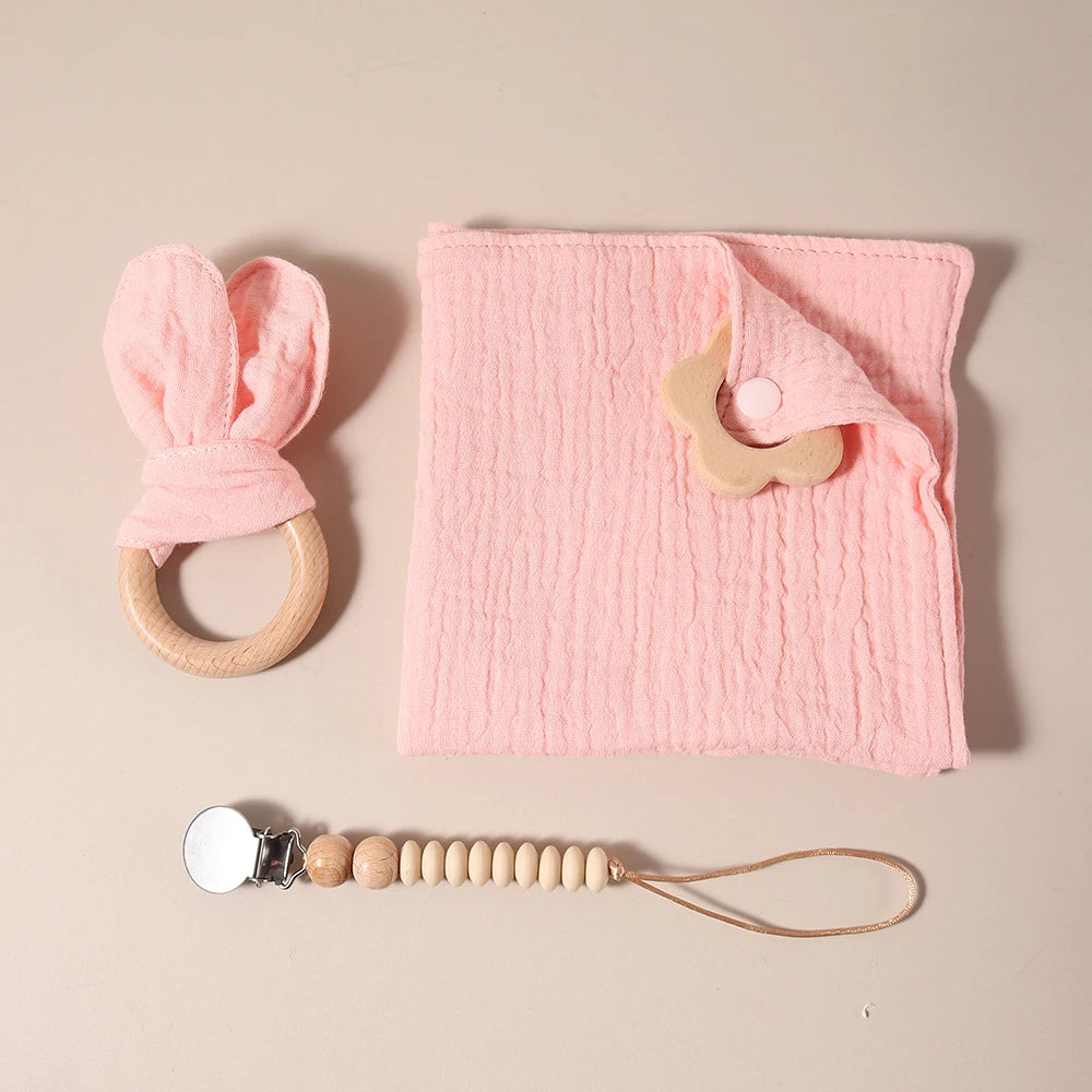 2025 organic cotton baby teething gift set comfortor dummy clip photography props newborn bunny ear - Thrive & Baby