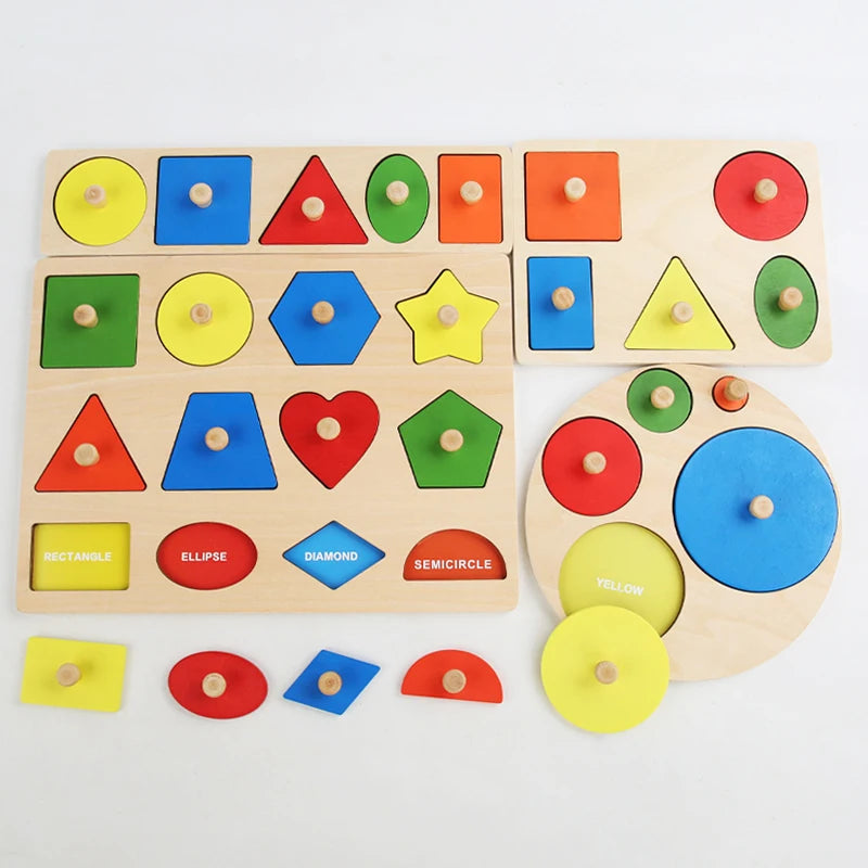 Montessori baby puzzle toys, wooden shape and color matching hand scratching board, geometric early education cognitive toys - Thrive & Baby
