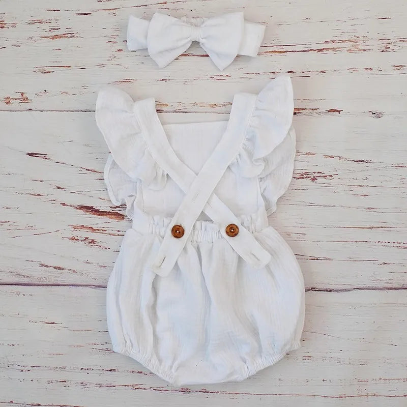 Organic Cotton Baby Girl Clothes Summer New Double Gauze Kids Ruffle Romper Jumpsuit Headband Dusty Pink Playsuit For Newborn 3M - Thrive & Baby