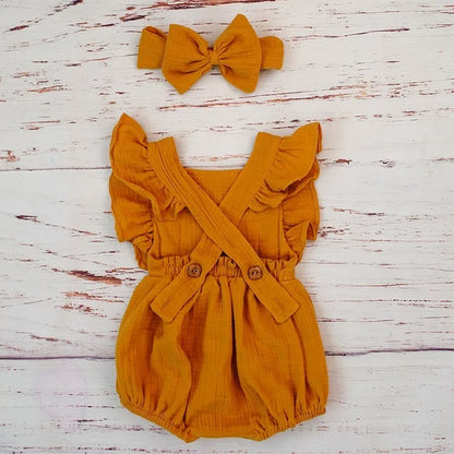 Organic Cotton Baby Girl Clothes Summer New Double Gauze Kids Ruffle Romper Jumpsuit Headband Dusty Pink Playsuit For Newborn 3M - Thrive & Baby