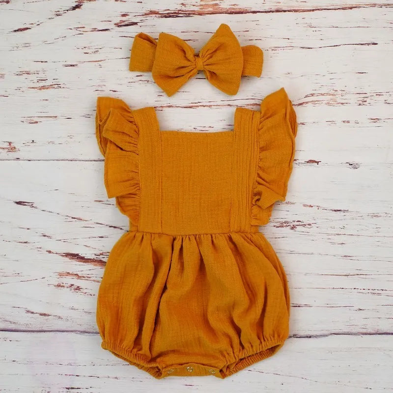 Organic Cotton Baby Girl Clothes Summer New Double Gauze Kids Ruffle Romper Jumpsuit Headband Dusty Pink Playsuit For Newborn 3M - Thrive & Baby