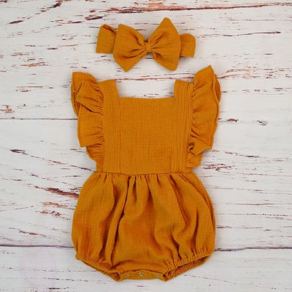 Organic Cotton Baby Girl Clothes Summer New Double Gauze Kids Ruffle Romper Jumpsuit Headband Dusty Pink Playsuit For Newborn 3M - Thrive & Baby
